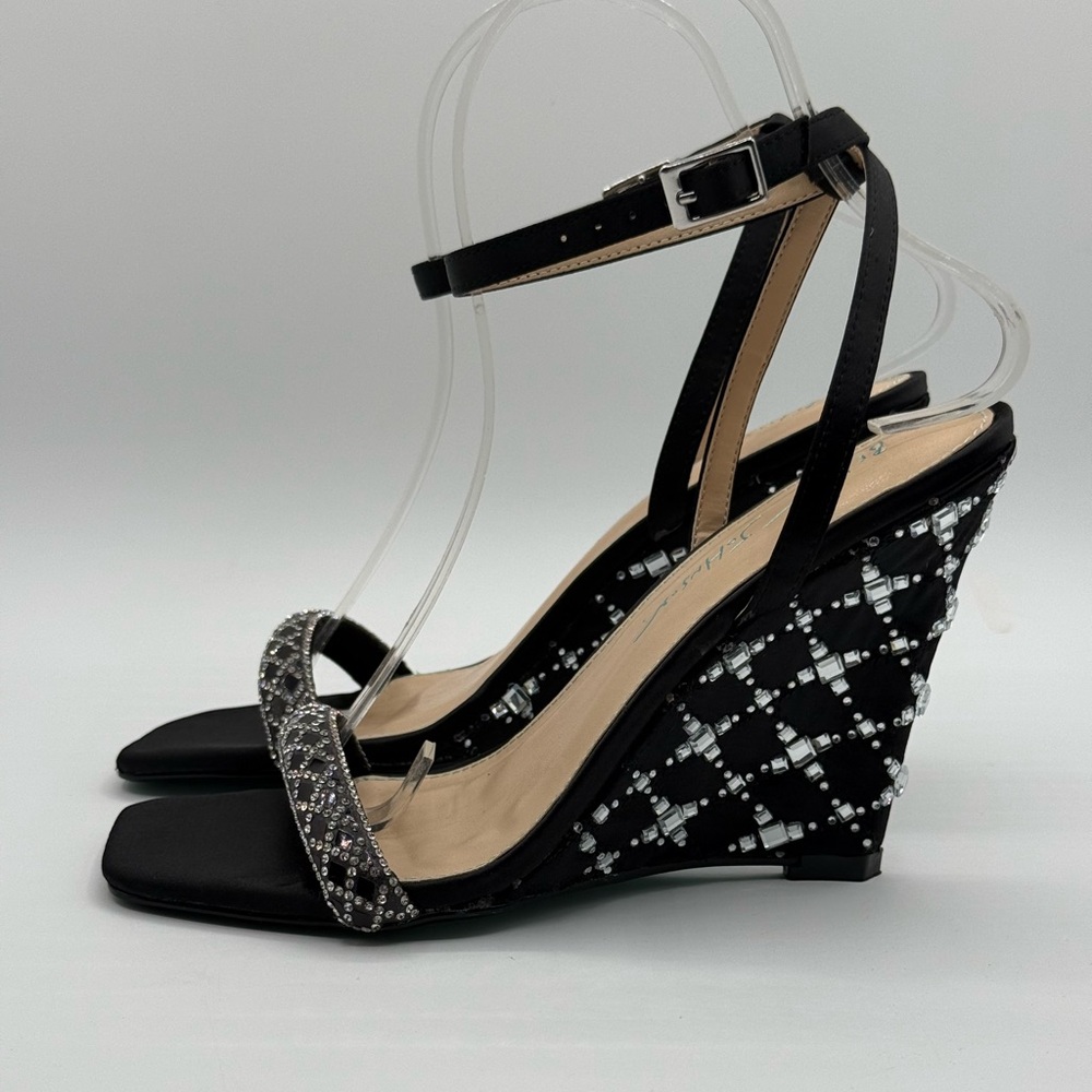 Betsey Johnson Talya Elegant Black Rhinestone Wedge Sandals Sparkly Ankle Strap - Picture 12 of 17